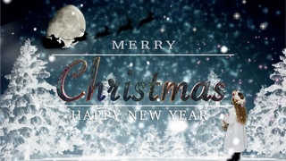 “Merry Christmas“ “Happy New Year“ Little girl and Santa Claus under the moon and Christmas music.