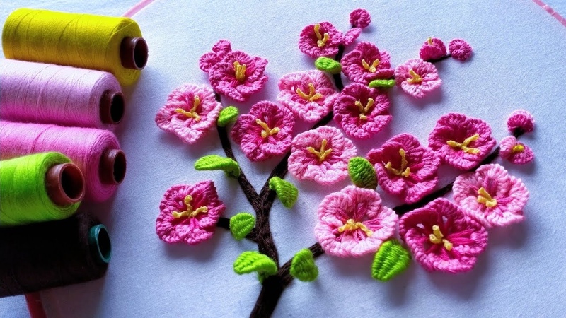 Pink Beautiful Cherry Blossom Hand Embroidery, Easy Way to Embroider, Tutorial Menyulam Bagi