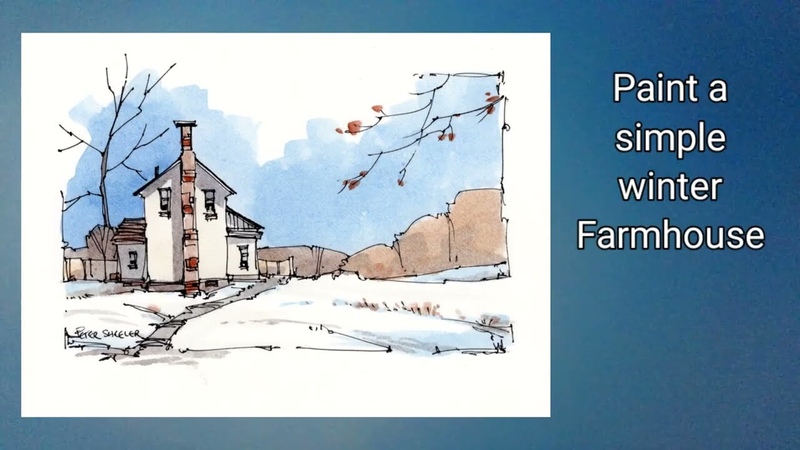 An Easy and fun Line and Wash Farmhouse in winter watercolor. Simple colors. Easy sky. Peter