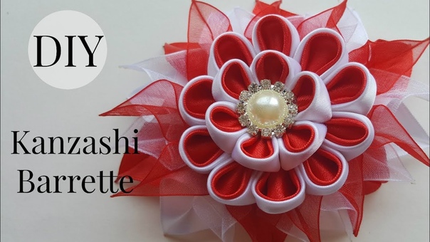 Kanzashi hair barrette, DIY, red and white kanzashi flower